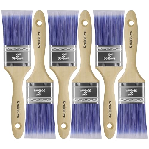 Paint Brushes - 6 Pack, 2" Flat Brushes, Paint Brush Set, Wood Paint Brushes for Walls, Stain & All Oil Paints - Home Improvement - Interior & Exterior Use