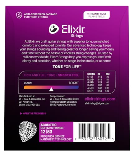 Elixir Strings, Acoustic Guitar Strings, Phosphor Bronze with NANOWEB Coating, Longest-Lasting Rich and Full Tone with Comfortable Feel, 6 String Set, Light 12-53