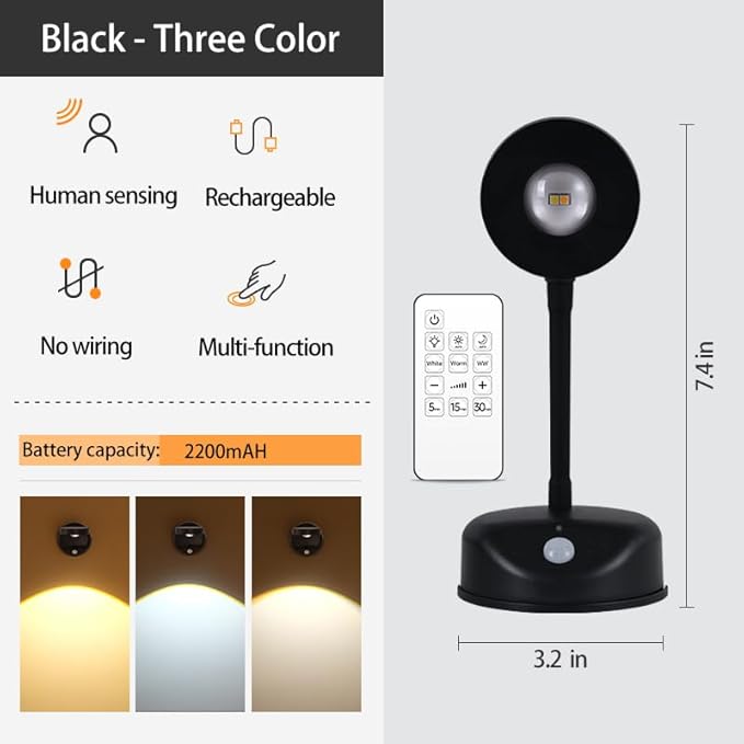 2200mAh Motion Sensor Picture Light, Spotlight Painting Light, LED Wall Sconce, Night Light Lamp, Rechargeable Battery Operated 3 Color & Dimmable Magnetic 360° Rotation with Remote (Black, 1 Pcs)