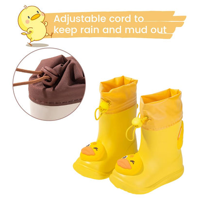 DRECAGE Boys Rain Boots with Pull On Drawstring Closure for Kids Waterproof Non-Slip Wellies Rubber Rain Shoes Outdoors Yellow Duck 5 UK Child 140 MM
