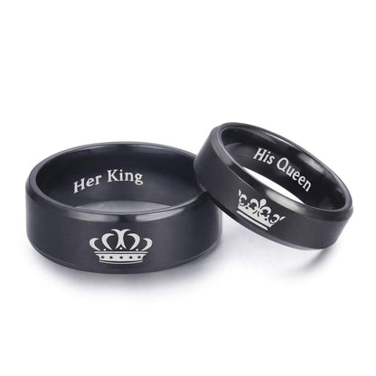 LAVUMO King and Queen Rings for Couples - 2pcs His Hers Stainless Steel Matching Ring Sets for Him and Her - Promise Engagement Wedding Band Black Comfort Fit (Men 10 & Women 9)