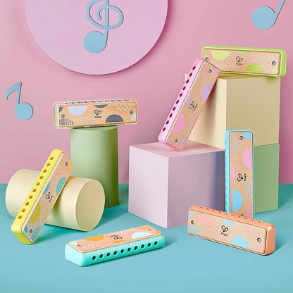Hape Blues Harmonica | 10 Hole Wooden Musical Instrument Toy for Kids, Blue-Green (E8916)