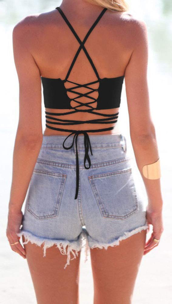Sister Amy® Women's Halter Cross Hollow Boho Bandage Tank Camis Crop Top Vest B-Halloween Skull-1 One Size