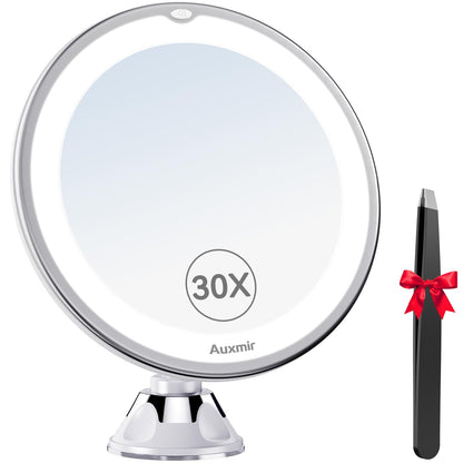 Auxmir 2025 Upgraded 30X Magnifying Mirror with Light, Makeup Mirror with 2-Level Lights, Vanity Mirror with Power Suction Cup and Tweezers, 360° Swivel, Portable Bathroom Mirror for Home Travel