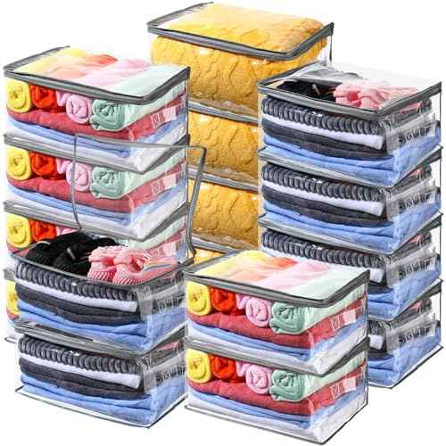 Windyun 16 Pack Clear Storage Bags with Zipper and Handle for Clothes Heavy Duty Plastic Blanket Clothes Moving Bags Cloth Bins for Blanket Comforter Clothing Toys (Grey Edge)