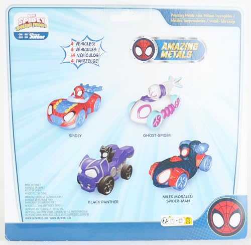 Jazwares Marvel Spidey and Friends 4-Pack Die-Cast Vehicles - Includes Spidey, Ghost-Spider, Black Panther, Miles Morales - Superhero Toys for Kids 3+