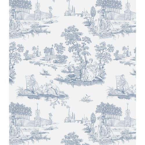 Hopepak Vintage Peel and Stick Wallpaper Blue Toile Wall Paper Self Adhesive Removable French Contact Paper Waterproof Wallpapers for Bedroom Bathroom Living Room 17.3''x118''