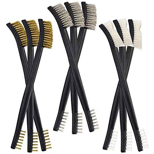 9 Pieces Mini Wire Brush Set, Mini Wire Scratch Brush with Handle, Small Steel Nylon Brass Brush Set, Double Ended Wire Brushes for Cleaning Welding Slag Rust (15)