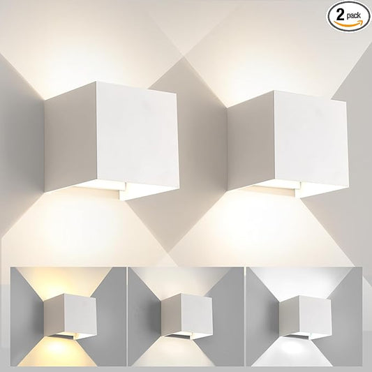 White Wall Sconces Set of Two,3 Color Temperatures Hardwired Up and Down Outdoor Lights,15W Indoor Wall Sconce,4.33 Inch Exterior/Interior Wall Lights for Living Room Bedroom Hallway Porch Yard 2 Pack