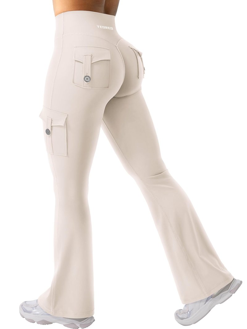 YEOREO CoreFlex Women Workout Flare Leggings with Pockets Hidden Scrunch High Waisted Cargo Gym Yoga No Front Seam Leggings Light Khaki L