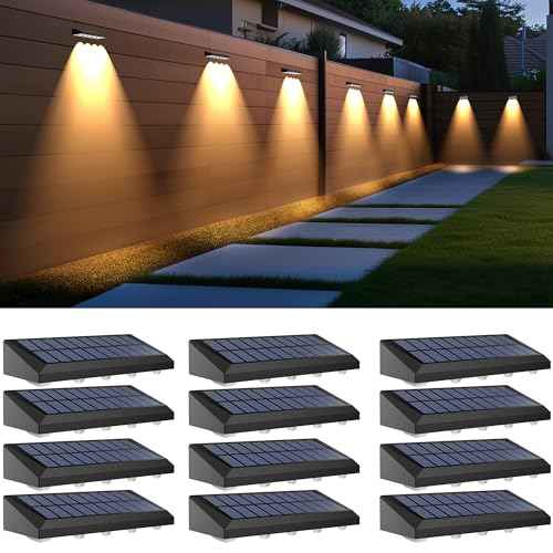 Solar Fence Lights Outdoor Waterproof IP65, 12 Pack Fence Lights Solar Powered 60 Lumens Auto On/Off Step Wall Lights Outside Decorations for Yard, Porch, Patio, Stairs, Pool, Deck, Garden- Warm Light