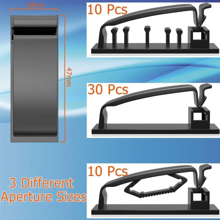 Cable Clips 50Pcs, Cable Management Under Desk Self Adhesive Cable Management Clips, 3 Functions Cord Holder, Large Cable Organizer Wire Keeper for Home Office Desk Phone Car Wall Desktop (Black)