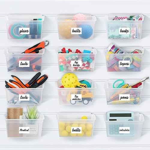 Mifoci 12 Pcs Storage Bins for PVC Slatwall Plastic Bin with Stickers Pens Slatwall Accessories for Organizing Hardware Craft Storage Tool Organizer Garage Craft Room Tool Shed(Clear)
