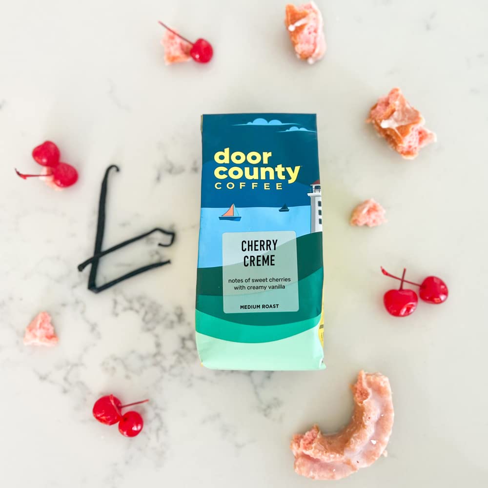 Door County Cherry Crème Flavored Coffee Ground - 10 oz Bag - Medium Roast - 100% Specialty Arabica - 100% Specialty Grade 1 Arabica Coffee