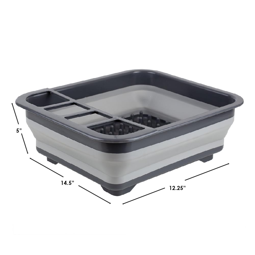 Home Basics Silicone and Plastic Easy Storage Collapsible Dish Rack with Cutlery Holder (Grey)