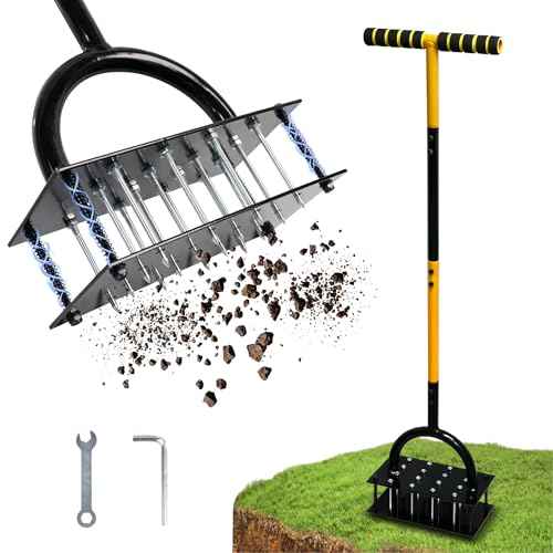 Manual Lawn Aerator - Metal Spike Soil Loosener with Spring-Loaded Base, Self-Cleaning Design for Healthier Grass, Yard & Garden Aeration Tool