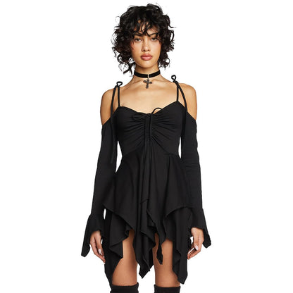 Dolls Kill F is for Fairies Handkerchief Dress by Current Mood - Off-Shoulder, Custom Fit Dress, Perfect for Fairycore Fashion - Black, Medium