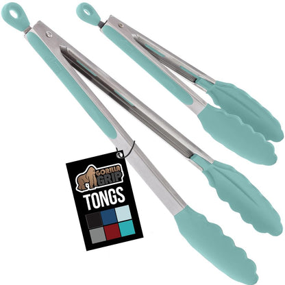 GORILLA GRIP Stainless Steel Heat Resistant Kitchen Tongs for Cooking, 9 + 12 Inch, Set of 2 BBQ Tong, Non Scratch Silicone Tip for Pan, Strong Grip, Grab Food, Toss Salad, Air Fryer, Pull Lock, Black