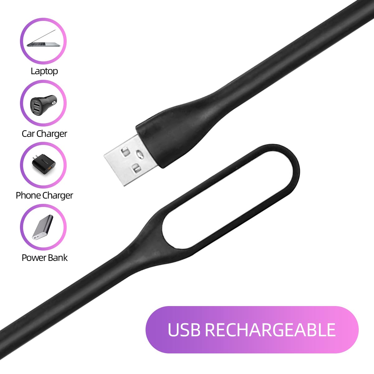USB LED Light Lamp for Power Bank (10 PCS) Portable Eye Care Mini Night Light with Flexible Arm, USB Gooseneck Reading Lamps Book Light,Compatible for Desktop, Notebook Laptop (10-Black)