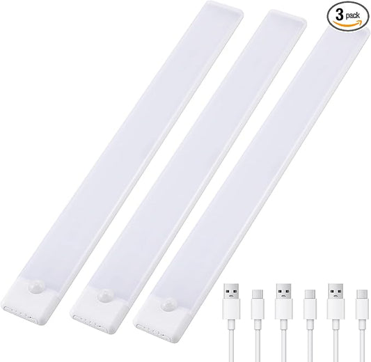 Wireless Under Cabinet Lighting 16 Inch 3 Pack, Magnetic Motion Sensor Light Indoor USB C Rechargeable Closet Lights, 3 Color Dimmable LED Night Light Stick on Under Counter Lights for Kitchen Stairs