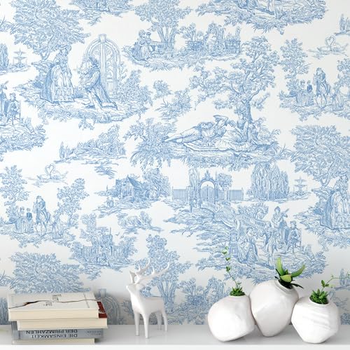 Peel and Stick Wallpaper for Home Decoration Kitchen Vintage Blue Manor Wallpaper Removable Vinyl Self Adhesive Shelf Paper & Drawer Liner Roll House, Workshop & Office 17.3" x 118" L5248-3