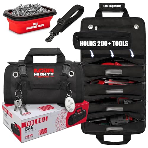 Tool Roll Bag Organizer with Magnetic Plate ? Heavy Duty Polyester, Ideal Gifts For Men, Portable Tool Roll Up Bag with 5 Large Pouches & 4 Tool Strap ? Black (26 Inches)