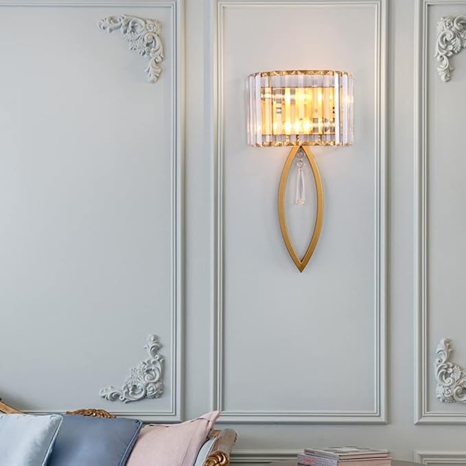 Modern Crystal Wall Light Gold Glass Crystal Wall Sconces Light Mid-Century Vanity Light Indoor Elegant Wall Lighting Fixtures for Bedroom Living Room Hallway Entryway