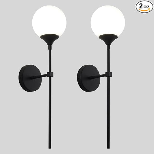 KCO Lighting Farmhouse Matte Black Wall Sconce Set of 2 Vintage Milk White Glass Globe Wall Light Mid Century Modern Bathroom Vanity Light Set of Two Industrial Bar Wall Lamp