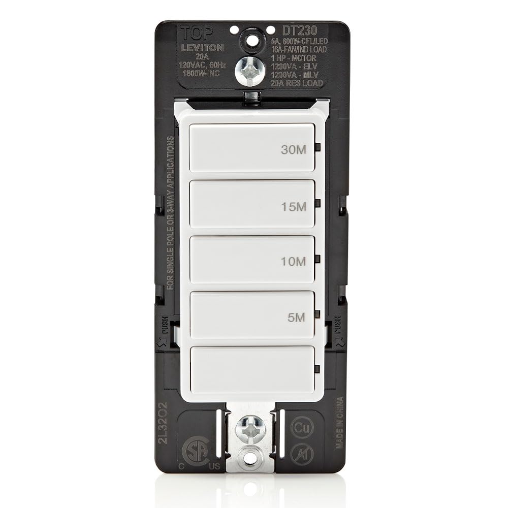 Leviton Countdown Timer Switch for bathroom fan and household lights, 5-10-15-30 min, No Neutral Required, Single Pole, 15A, 1/2 HP/9.8A Fan/Motor, DT130-1LW, White