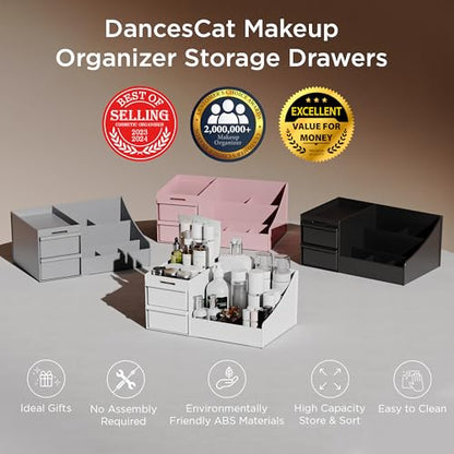 DancesCat Makeup Organizer Storage Drawers, Large Capacity Cosmetic Organisers for Lipsticks, Jewelry, Nail Care, Skincare Organiser for Vanity, Ideal Desk Organizer for Dresser and Bathroom