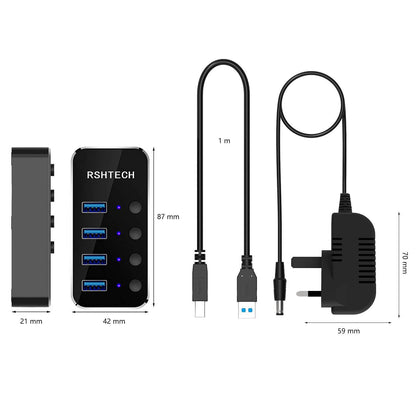 RSHTECH Powered USB Hub Aluminum 4-port USB 3.0 Hub with 5V/2A Power Supply and Individual On/Off Switch (Black)