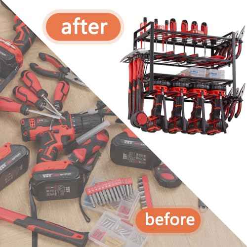 Power Tool Organizer, 4 Layers Heavy Duty Metal Tool Shelf, Drill Holder Wall Mount, Utility Storage Rack for Cordless Drill Charging Station Screwdriver, black