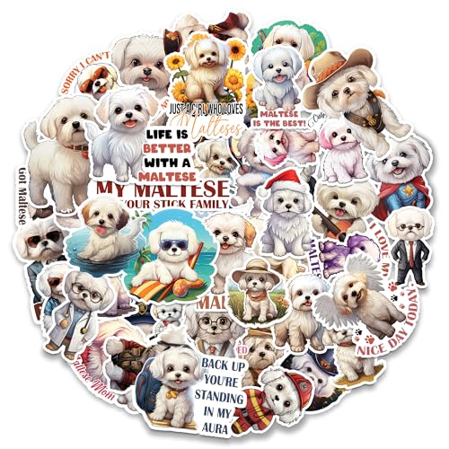 Maltese Stickers 50 Pieces Vinyl Waterproof Decal for Laptop Water Bottle Phone Car Window Bike Motorcycle Stakeboard Scrapbook Malteses Sticker Gifts for Kid Teen Adult