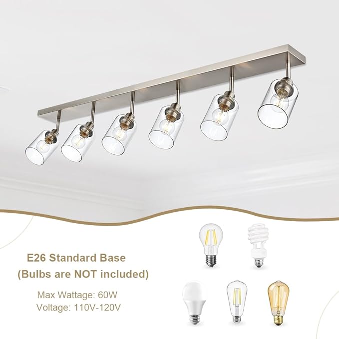 6 Light VINLUZ Bathroom Light Fixtures Classic Vanity Lighting Black Multi-Directional Rotating Metal Ceiling Spotlight with Adjustable Track Heads with Clear Shade
