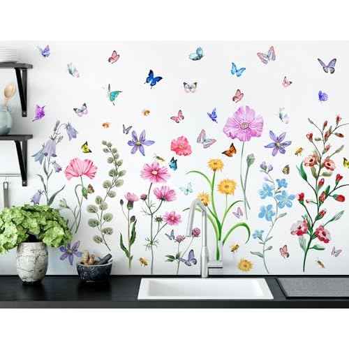 Amaonm Large Removable 3D Spring Colorful Flowers Wall Decal DIY Peel and Stick Flying Butterfly Wall Stickers Floral Plants Vine Wall Decor for Home Nursery Little Girls Teens Bedroom Living Room (A)