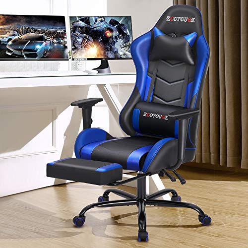 ECOTOUGE PC Massage Gaming Chair with Footrest Ergonomic Office Desk Chair Racing PU Leather Recliner Swivel Rocker with Headrest and Lumbar Pillow, Blue