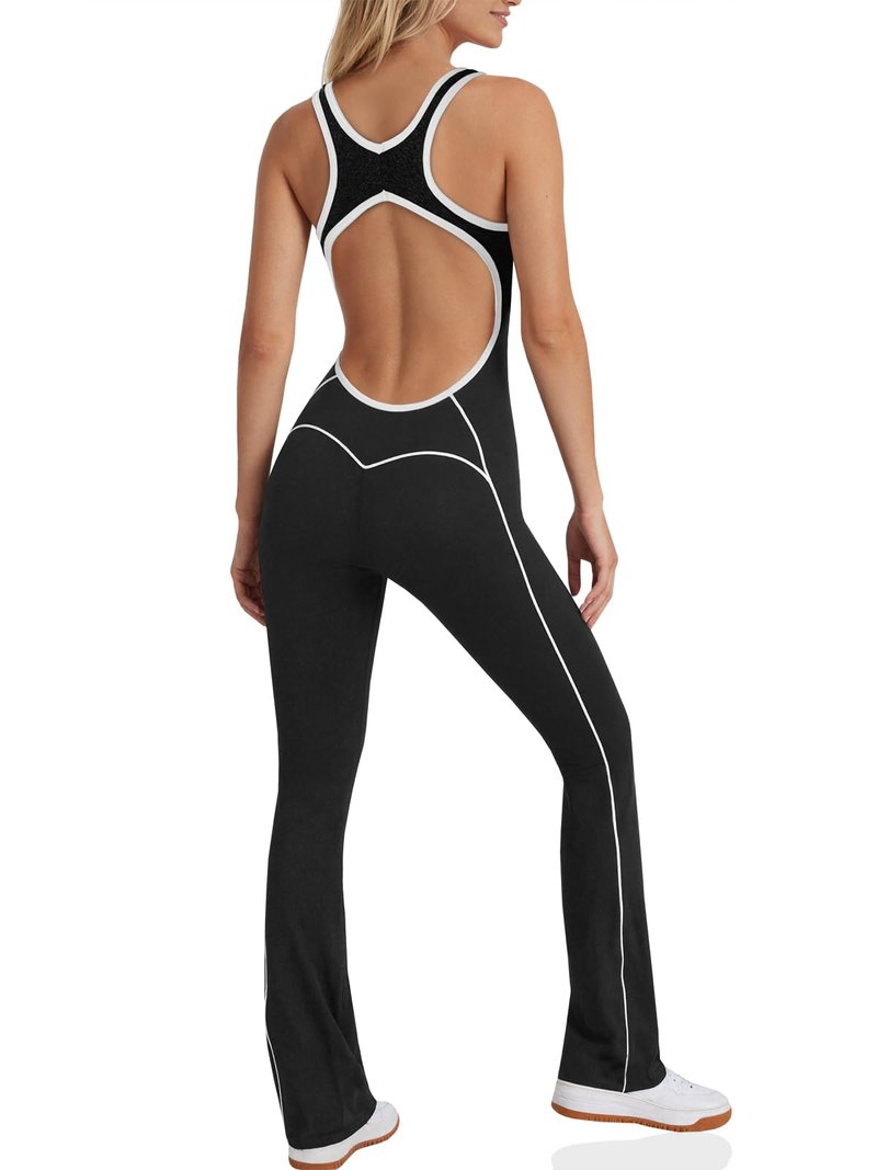 Fisoew Womens One Piece Workout Jumpsuits Backless Scoop Neck Bodysuit Sleeveless Gym Yoga Leggings Romper