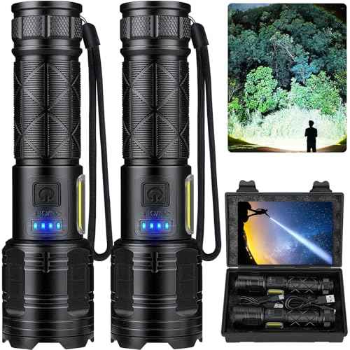 Rechargeable LED Flashlights High Lumens, 99,000 Lumen Super Bright Flashlight with 7 Modes & Waterproof, Powerful USB Rechargeable Handheld Flash Light for Camping Home(2 Pack)