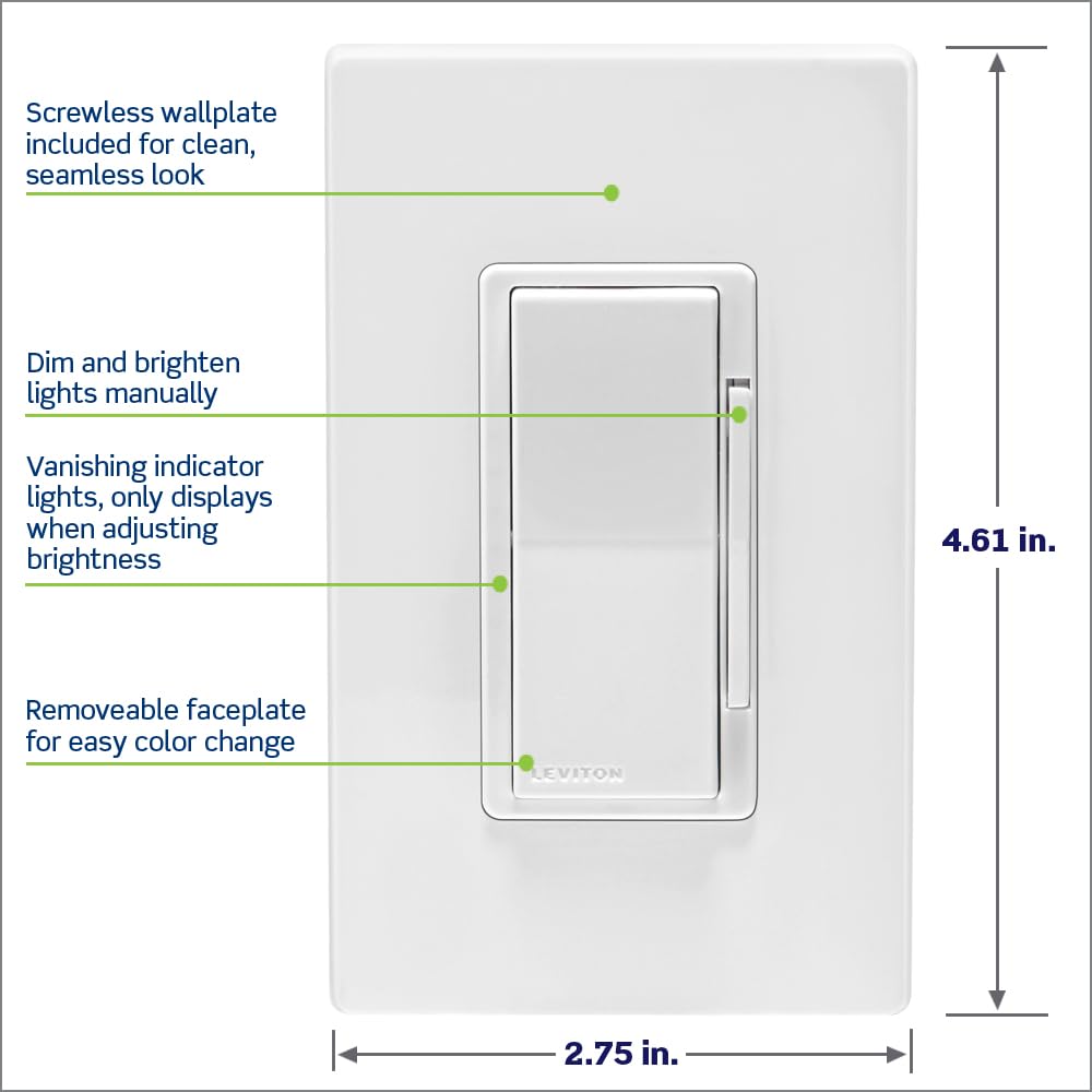 Leviton Decora Smart Switch, Wi-Fi 2nd Gen, Neutral Wire Required, Works with Matter, My Leviton, Alexa, Google Assistant, Apple Home/Siri & Wired or Wire-Free 3-Way, D215S-1RW, White
