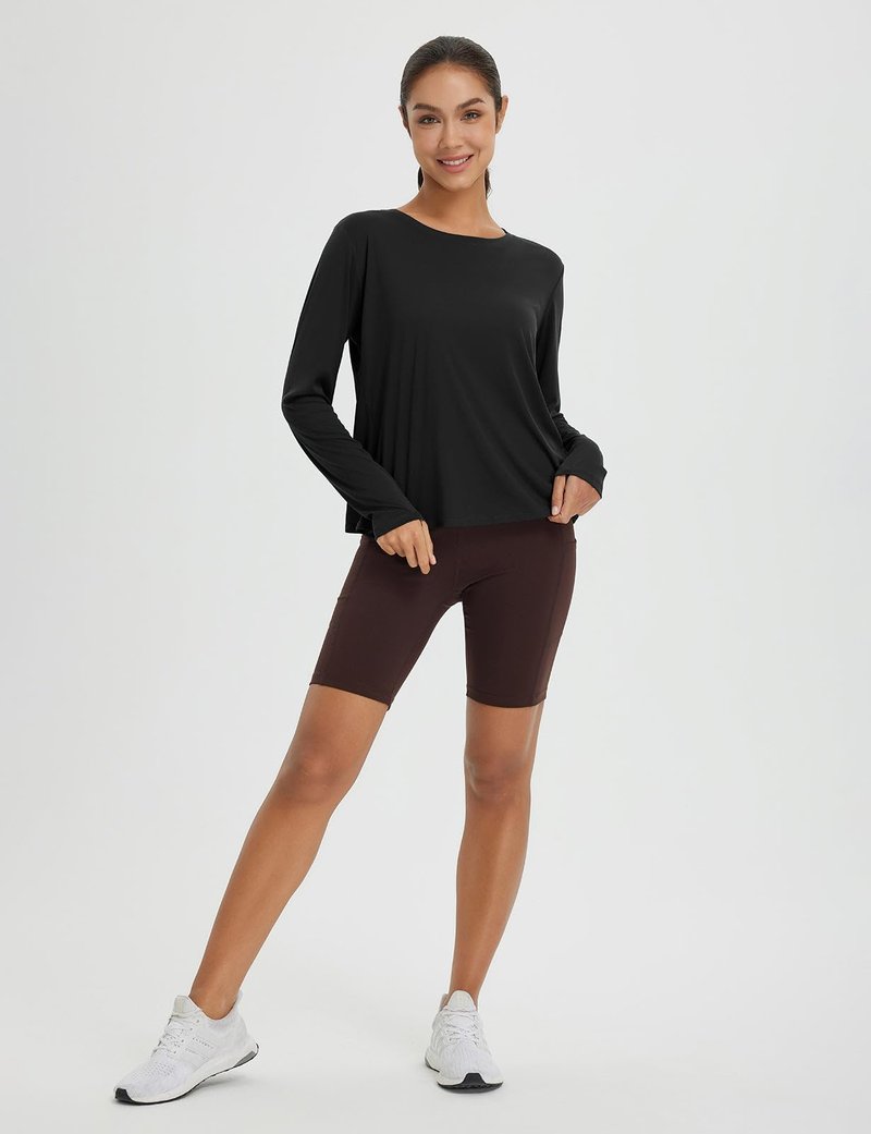 baleaf Women's Running Sun Shirts Long Sleeve UPF 50+ Workout Tops UV Athletic Shirts Split Back Gym SPF Quick Dry Lightweight Breathable Black M