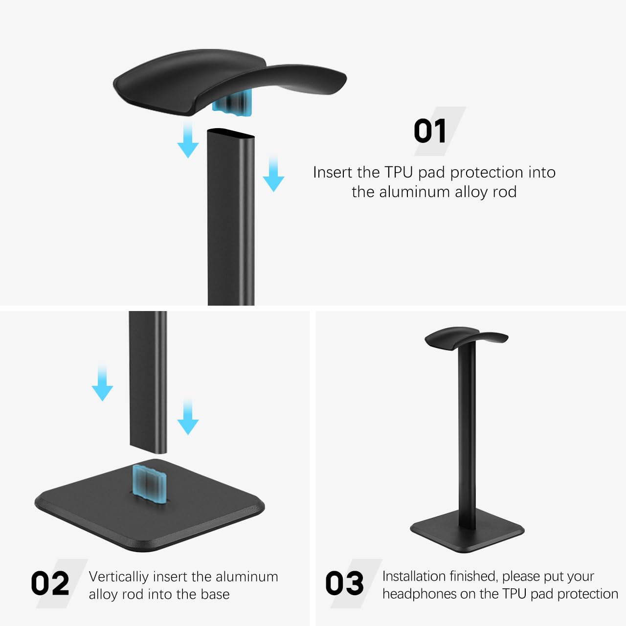 JIKIOU Headphone Stand Gaming Headset Holder Universal Aluminum Metal Headphones Holder Hanger with Aluminum Supporting Bar Flexible Headrest ABS Solid Base for All Headphone 2 Pack (Black)