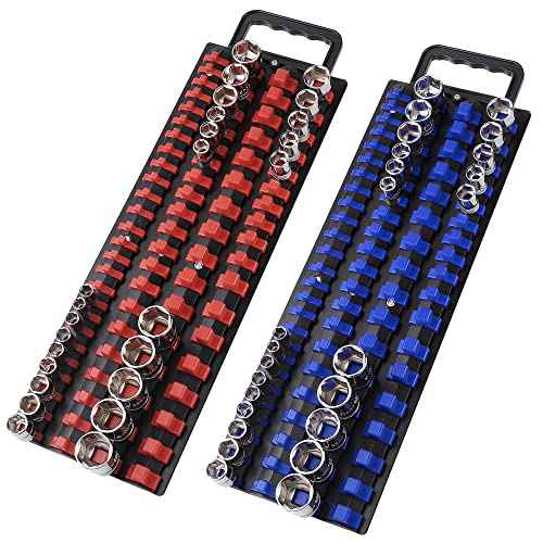 160-Piece Portable Socket Organizer Steel Tray with Handle - Heavy Duty Socket Holder Kit 1/4-Inch, 3/8-Inch, 1/2-Inch Blue&Red Clips (2 PC, Blue&Red)