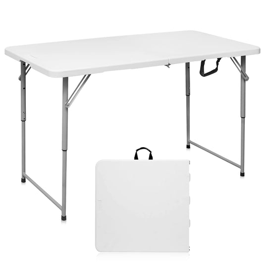 Byliable Folding Table 4 Foot Portable Heavy Duty Plastic Fold-in-Half Utility Table Small Indoor Outdoor Adjustable Height Folding with Carrying Handle, Camping and Party,White
