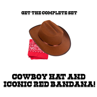 Narwhal Novelties Junior Brown Cowboy Hat with Red Bandana Set - Kids Western Wear with Felt Cowboy Hat for Boys, Kids Cowboy Hats for Dress up Parties - Kids Cowgirl Hat