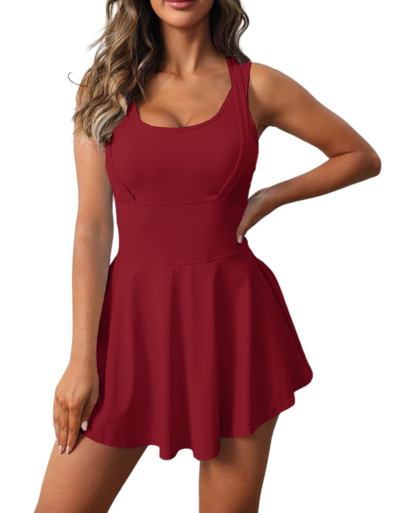 Gyiefcg Womens Sleeveless 2-in-1 Athletic Tennis Golf Dress Underneath Workout Active Dresses with Built-in Shorts Wine Red