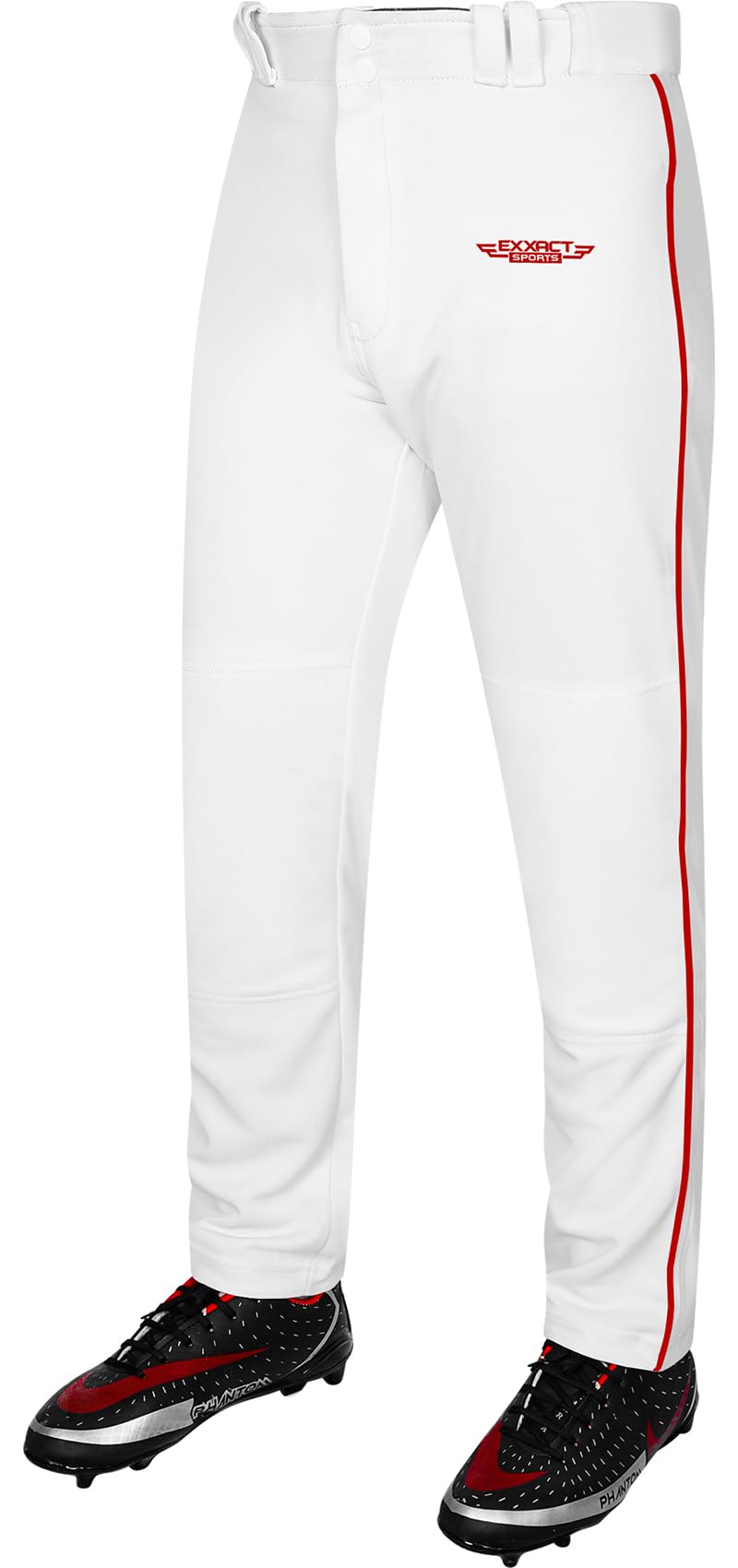 Exxact Sports Home Run Men's Baseball Pants with Piping - Full-Length, Semi-Relaxed Fit, Open-Bottom Adult Baseball Pants - (AM, White/Red Piping)