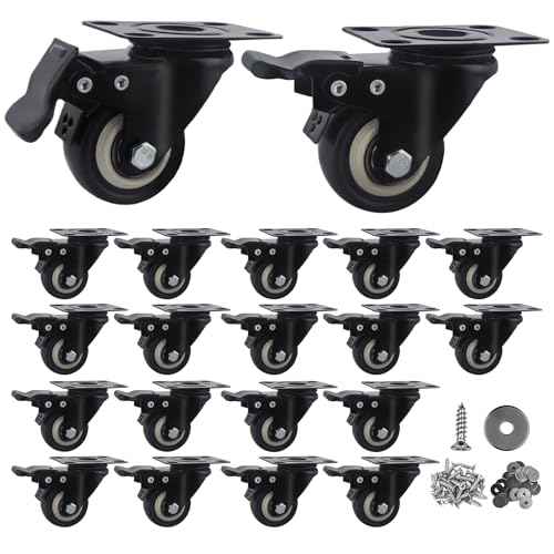2 Inch Caster Wheels Set of 20 Heavy Duty Casters,with Brake,No Noise Locking Polyurethane (PU) Wheels, for Furniture and Workbench Load 800lbs