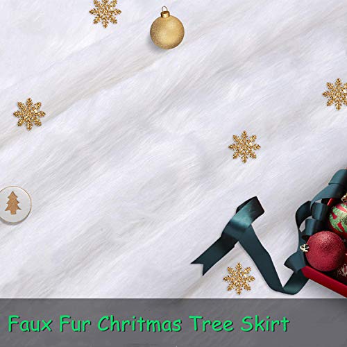 Christmas Tree Skirt - 48 inches White Luxury Soft Faux Fur Tree Skirt, Large Christmas Tree Skirts, Pets Favors for Xmas Tree Decorations and Ornaments Fluffy Long Fur