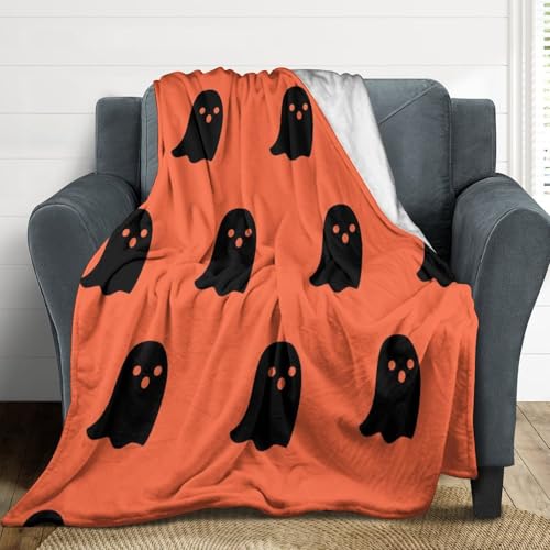 Soft Ghost Throw Blanket Warm Halloween Blanket Cozy Fluffy Lightweight Halloween Blanket for All Seasons Ghost Cute Blanket for Living Room Sofa Bed, 50"x60", Orange