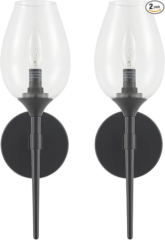 Modern Black Wall Sconces Set of 2, Glass Wall Sconces for Bedroom, Industrial Sconce Wall Lighting for Entryway Bathroom Living Room Stairway